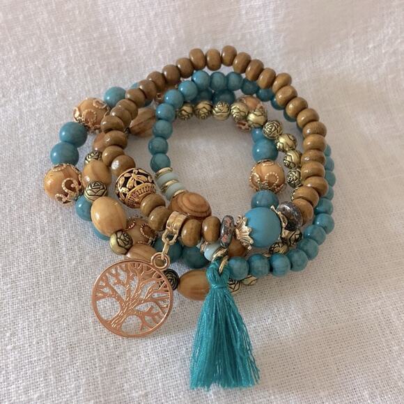 Turquoise Bohemian Jewelry Set Boho Earrings 4 pc Bracelet Tree of Life Charm - Picture 2 of 4